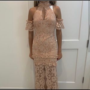 ALEXIS • nude/ pink • cold shoulder halter dress.